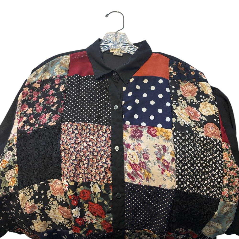 Vintage 90s Express Multicolor Patchwork Women's Tunic Blouse Button Front Flowy - Picture 5 of 11